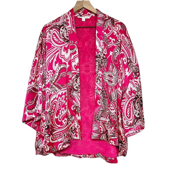 Violet & Claire Pink Paisley Open Front Kimono Top Womens Sz M Lined Boho Satin - Picture 1 of 7